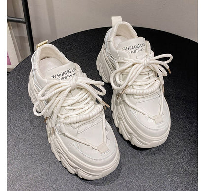 Lettering Print Plain Fleece-Lined Faux Leather Platform Sneakers