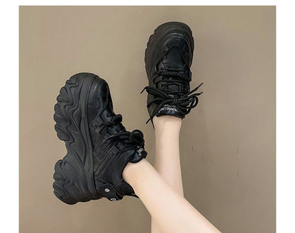 Lettering Print Plain Fleece-Lined Faux Leather Platform Sneakers