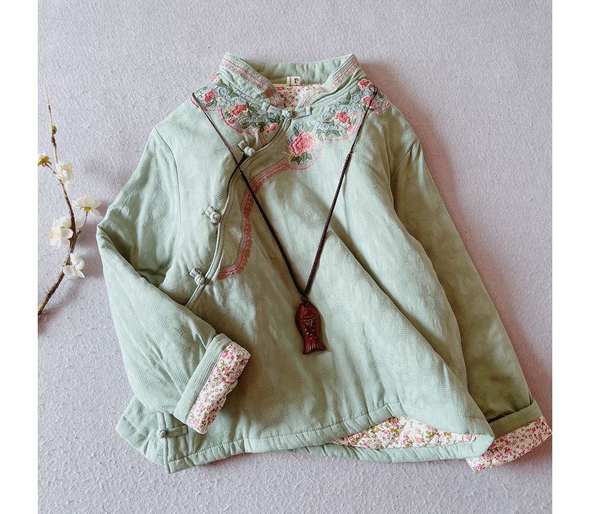 Mandarin Collar Floral Embroidered Frog Button Jacket