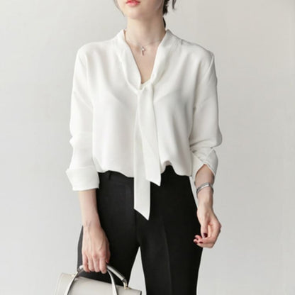 Lace-Up V-Neck Chiffon Long-Sleeve Blouse