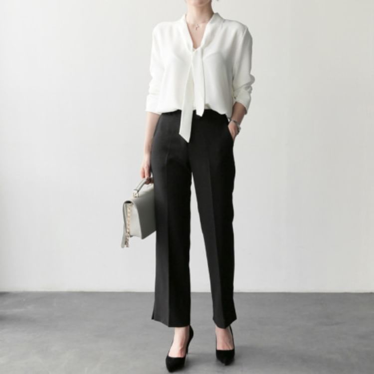 Lace-Up V-Neck Chiffon Long-Sleeve Blouse