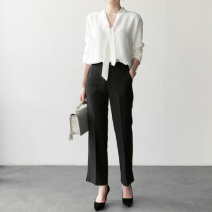 Lace-Up V-Neck Chiffon Long-Sleeve Blouse