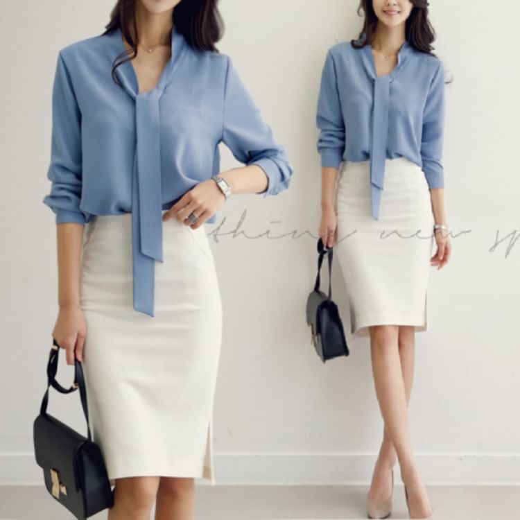 Lace-Up V-Neck Chiffon Long-Sleeve Blouse