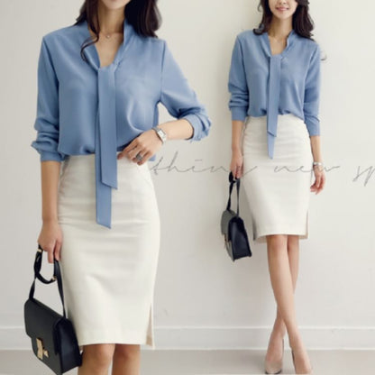 Lace-Up V-Neck Chiffon Long-Sleeve Blouse