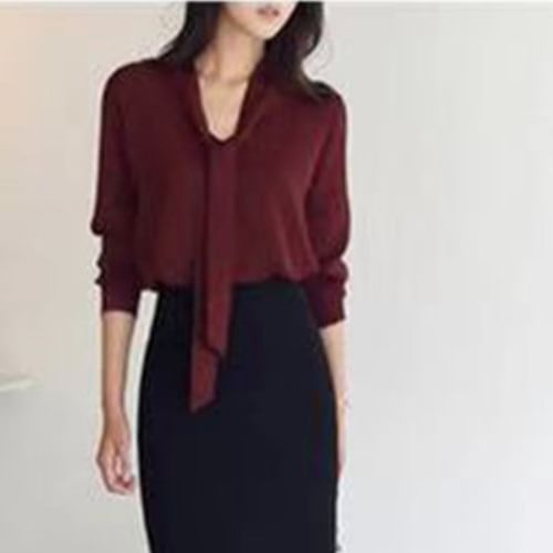 Lace-Up V-Neck Chiffon Long-Sleeve Blouse