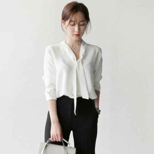 Lace-Up V-Neck Chiffon Long-Sleeve Blouse