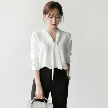 Lace-Up V-Neck Chiffon Long-Sleeve Blouse