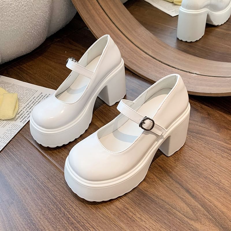 Faux Leather Platform Block Heel Mary Jane Shoes