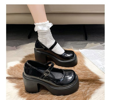 Faux Leather Platform Block Heel Mary Jane Shoes