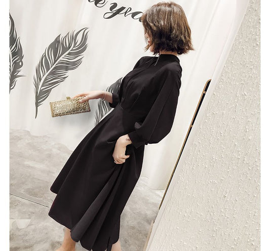 Balloon-Sleeve Mock Neck Plain Ribbon Back A-Line Evening Dress (Various Designs)