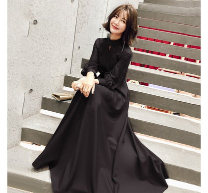 Balloon-Sleeve Mock Neck Plain Ribbon Back A-Line Evening Dress (Various Designs)