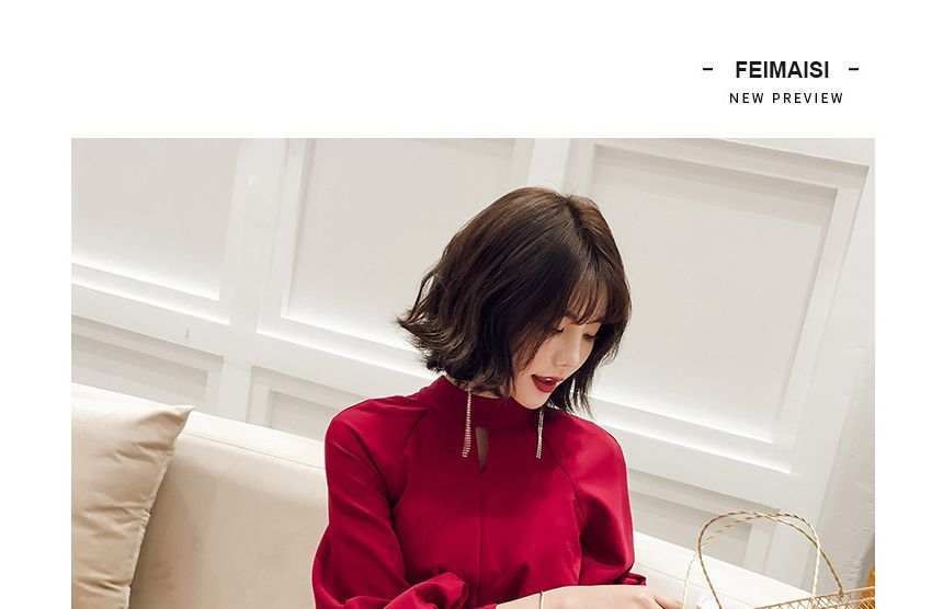 Balloon-Sleeve Mock Neck Plain Ribbon Back A-Line Evening Dress (Various Designs)