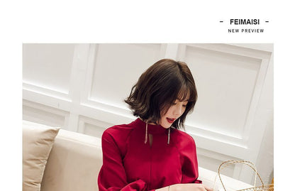 Balloon-Sleeve Mock Neck Plain Ribbon Back A-Line Evening Dress (Various Designs)