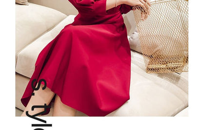 Balloon-Sleeve Mock Neck Plain Ribbon Back A-Line Evening Dress (Various Designs)