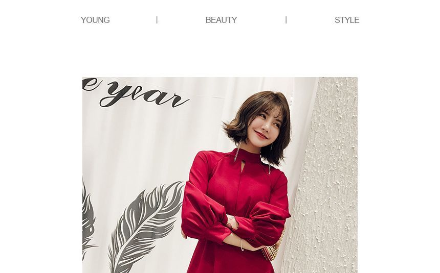 Balloon-Sleeve Mock Neck Plain Ribbon Back A-Line Evening Dress (Various Designs)