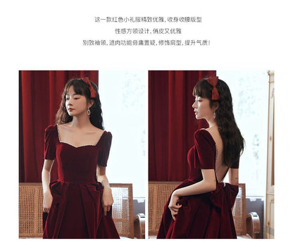 Short-Sleeve Sweetheart Neckline Faux Pearl Trim Plain Velvet A-Line Pleated Evening Dress (Various Designs)