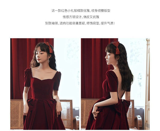 Short-Sleeve Sweetheart Neckline Faux Pearl Trim Plain Velvet A-Line Pleated Evening Dress (Various Designs)