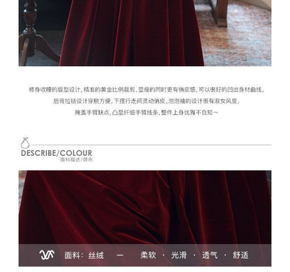 Short-Sleeve Sweetheart Neckline Faux Pearl Trim Plain Velvet A-Line Pleated Evening Dress (Various Designs)