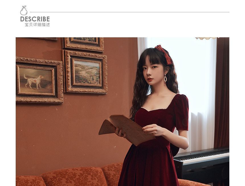 Short-Sleeve Sweetheart Neckline Faux Pearl Trim Plain Velvet A-Line Pleated Evening Dress (Various Designs)