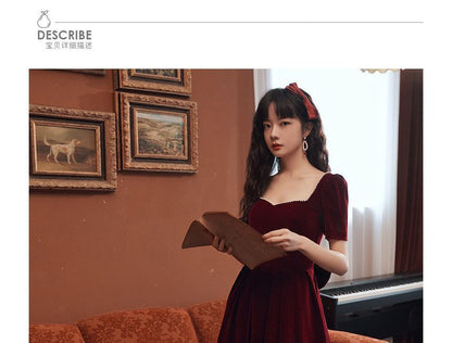 Short-Sleeve Sweetheart Neckline Faux Pearl Trim Plain Velvet A-Line Pleated Evening Dress (Various Designs)