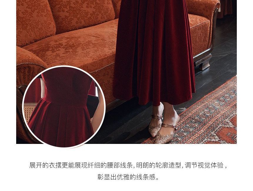 Short-Sleeve Sweetheart Neckline Faux Pearl Trim Plain Velvet A-Line Pleated Evening Dress (Various Designs)