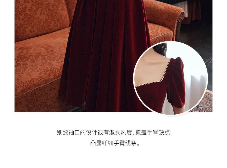 Short-Sleeve Sweetheart Neckline Faux Pearl Trim Plain Velvet A-Line Pleated Evening Dress (Various Designs)