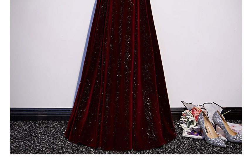 Short-Sleeve Off Shoulder Glitter Velvet A-Line Evening Gown