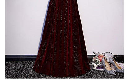 Short-Sleeve Off Shoulder Glitter Velvet A-Line Evening Gown