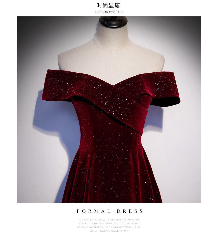 Short-Sleeve Off Shoulder Glitter Velvet A-Line Evening Gown