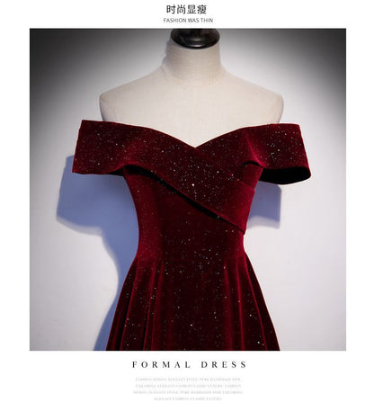 Short-Sleeve Off Shoulder Glitter Velvet A-Line Evening Gown