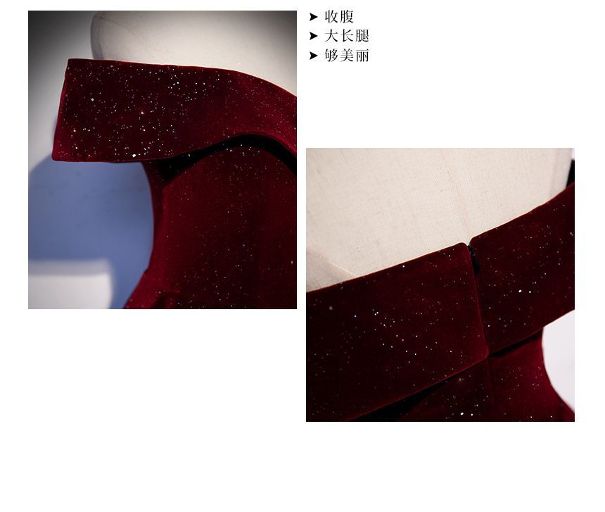 Short-Sleeve Off Shoulder Glitter Velvet A-Line Evening Gown