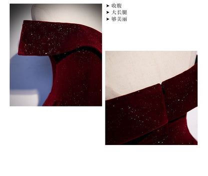 Short-Sleeve Off Shoulder Glitter Velvet A-Line Evening Gown