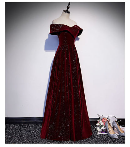 Short-Sleeve Off Shoulder Glitter Velvet A-Line Evening Gown