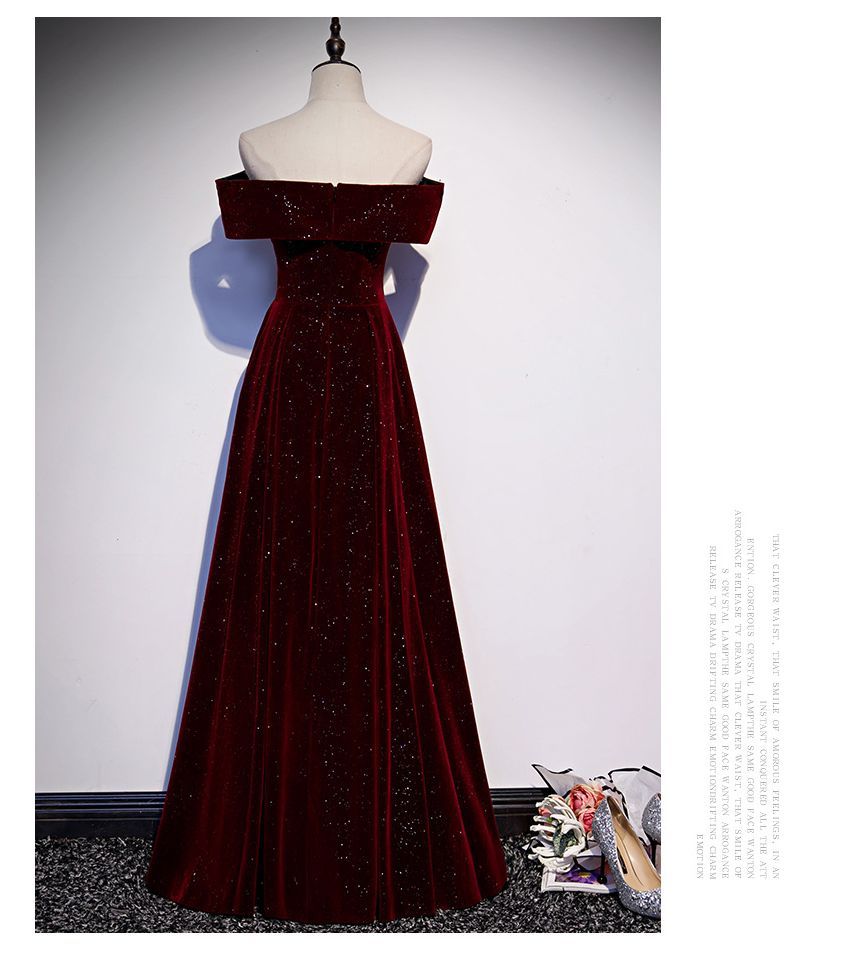 Short-Sleeve Off Shoulder Glitter Velvet A-Line Evening Gown