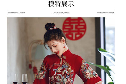 Maternity Elbow-Sleeve Mandarin Collar Floral Embroidery A-Line Evening Dress (Various Designs)