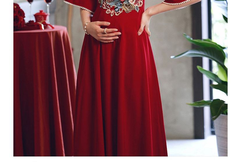 Maternity Elbow-Sleeve Mandarin Collar Floral Embroidery A-Line Evening Dress (Various Designs)