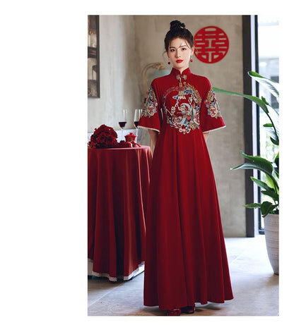 Maternity Elbow-Sleeve Mandarin Collar Floral Embroidery A-Line Evening Dress (Various Designs)