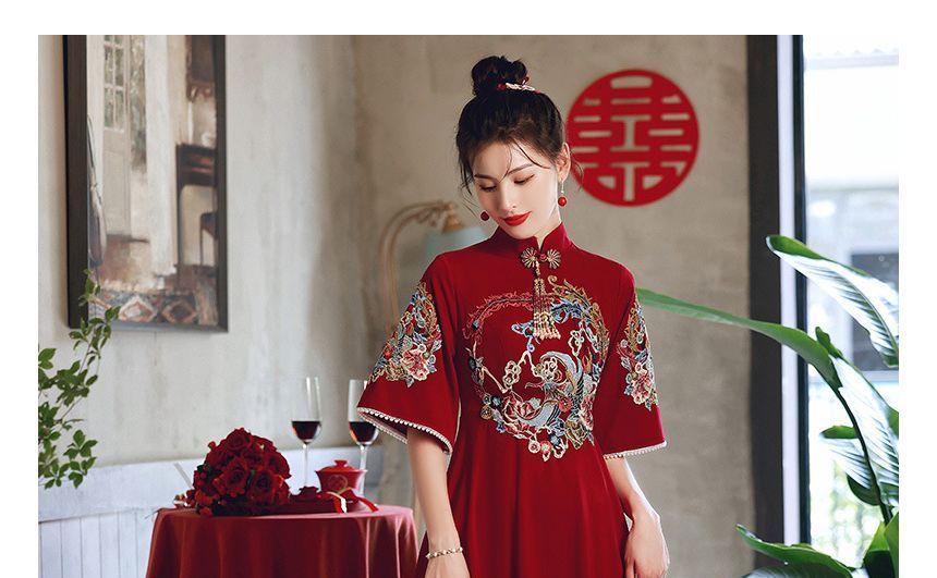 Maternity Elbow-Sleeve Mandarin Collar Floral Embroidery A-Line Evening Dress (Various Designs)