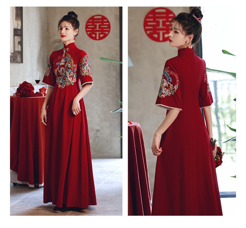 Maternity Elbow-Sleeve Mandarin Collar Floral Embroidery A-Line Evening Dress (Various Designs)