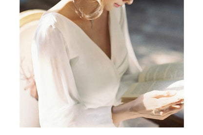 Long-Sleeve V-Neck Plain Open Back Trained Satin A-Line Wedding Gown