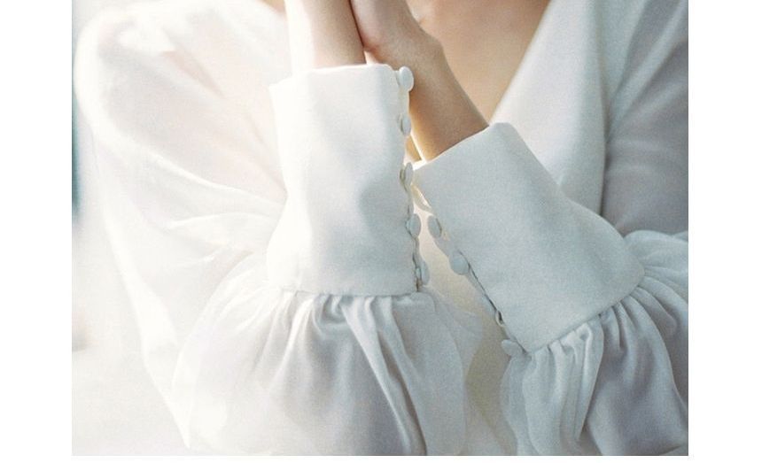 Long-Sleeve V-Neck Plain Open Back Trained Satin A-Line Wedding Gown