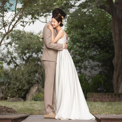 Spaghetti Strap Sweetheart Neckline Plain Satin A-Line Wedding Gown