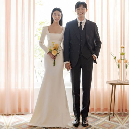 Long-Sleeve Square Neck Plain Satin Trained Mermaid Wedding Gown