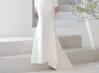 Long-Sleeve Square Neck Plain Satin Trained Mermaid Wedding Gown