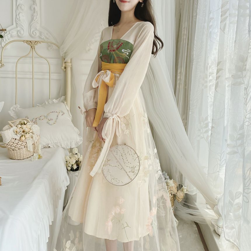 Long-Sleeve V-Neck Tie-Waist Floral Embroidery Sheer Maxi A-Line Dress