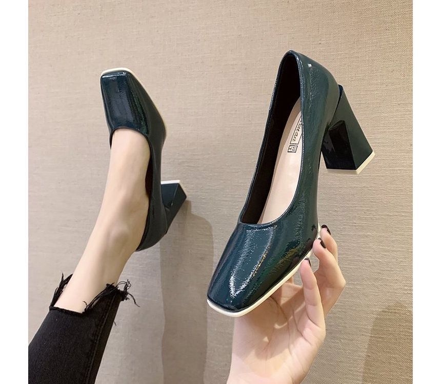 Square-Toe Chunky Heel Patent Pumps