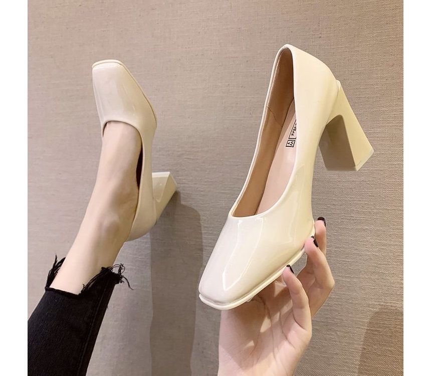 Square-Toe Chunky Heel Patent Pumps