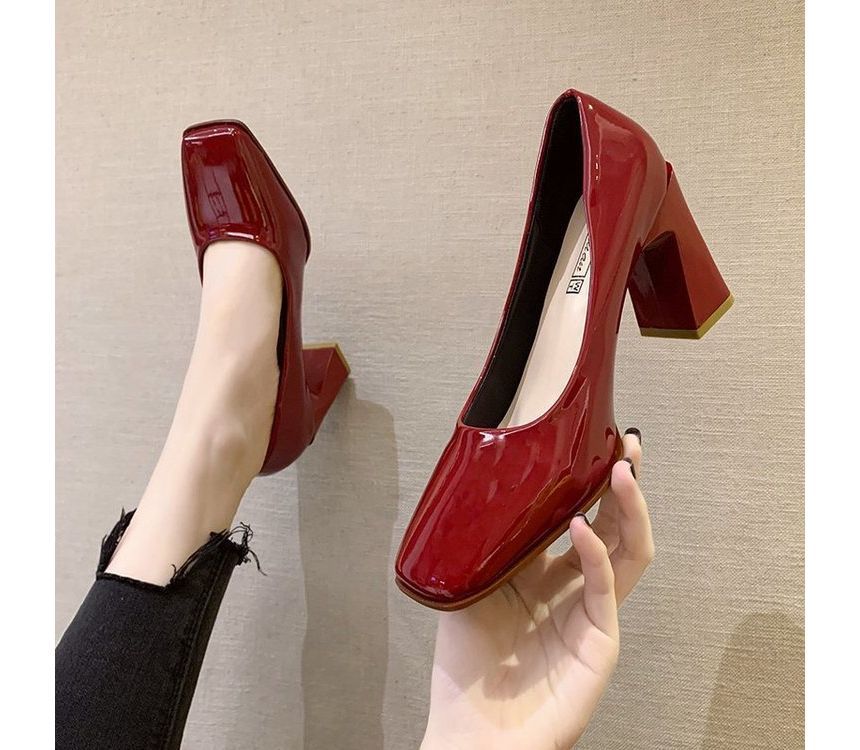 Square-Toe Chunky Heel Patent Pumps