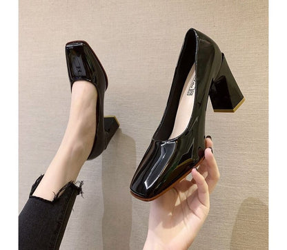 Square-Toe Chunky Heel Patent Pumps