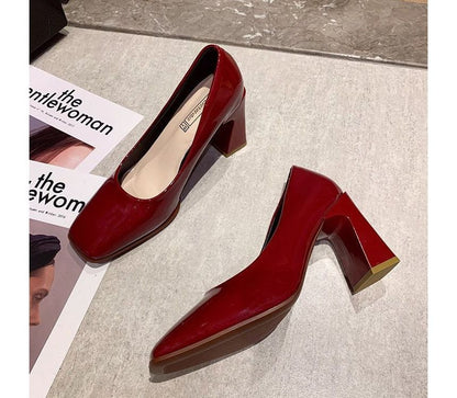 Square-Toe Chunky Heel Patent Pumps